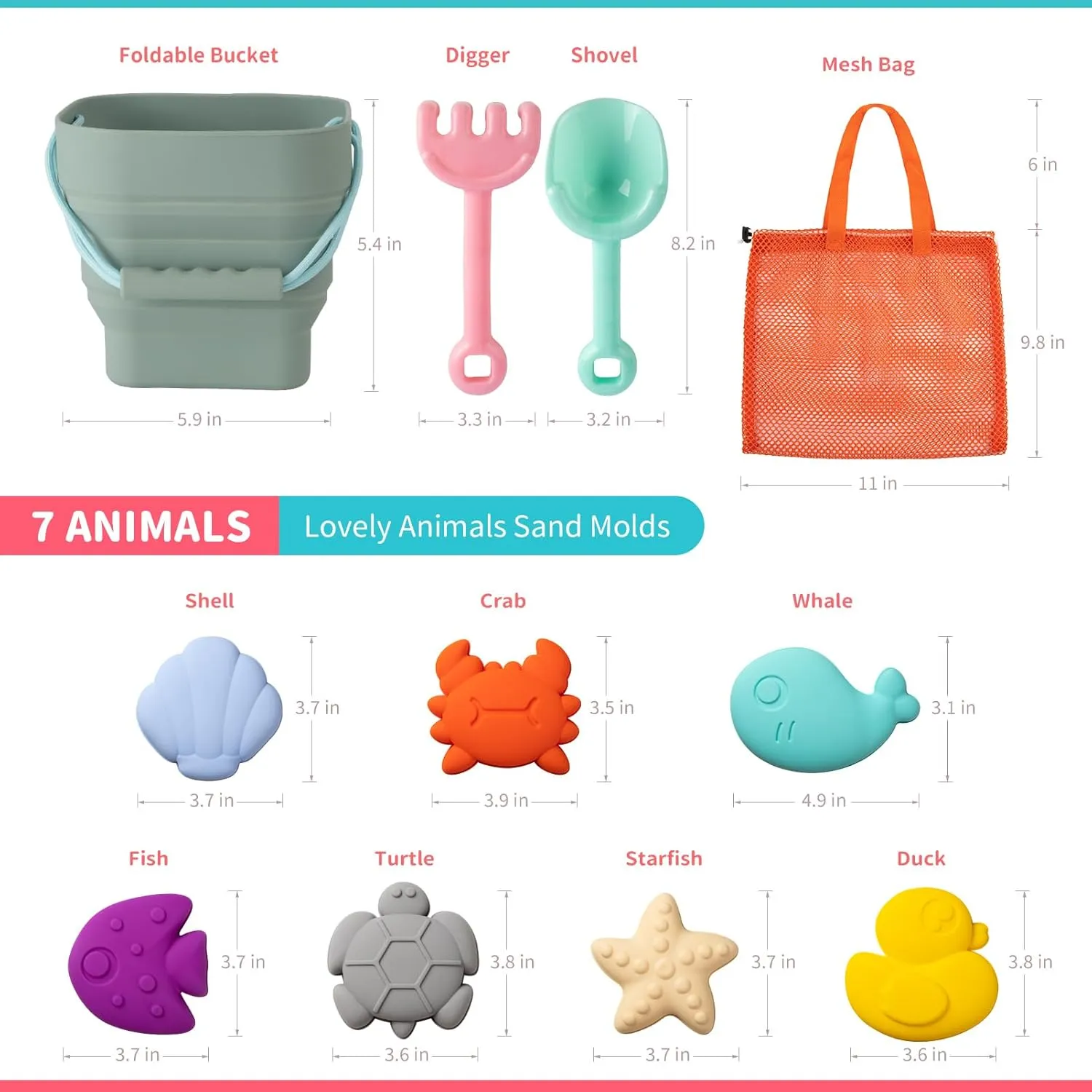 Silicone Beach Toys - Modern Baby Travel Friendly Beach Set | Bucket, Shovel, 7 Sand Molds, Bag | Sand Toys for Toddlers, Kids - 11pc (Light Green)