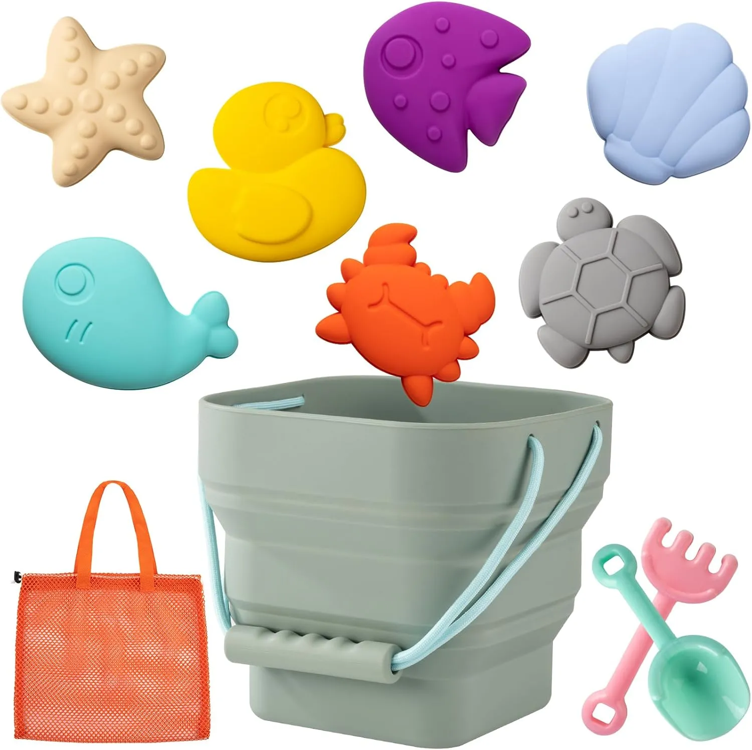 Silicone Beach Toys - Modern Baby Travel Friendly Beach Set | Bucket, Shovel, 7 Sand Molds, Bag | Sand Toys for Toddlers, Kids - 11pc (Light Green)