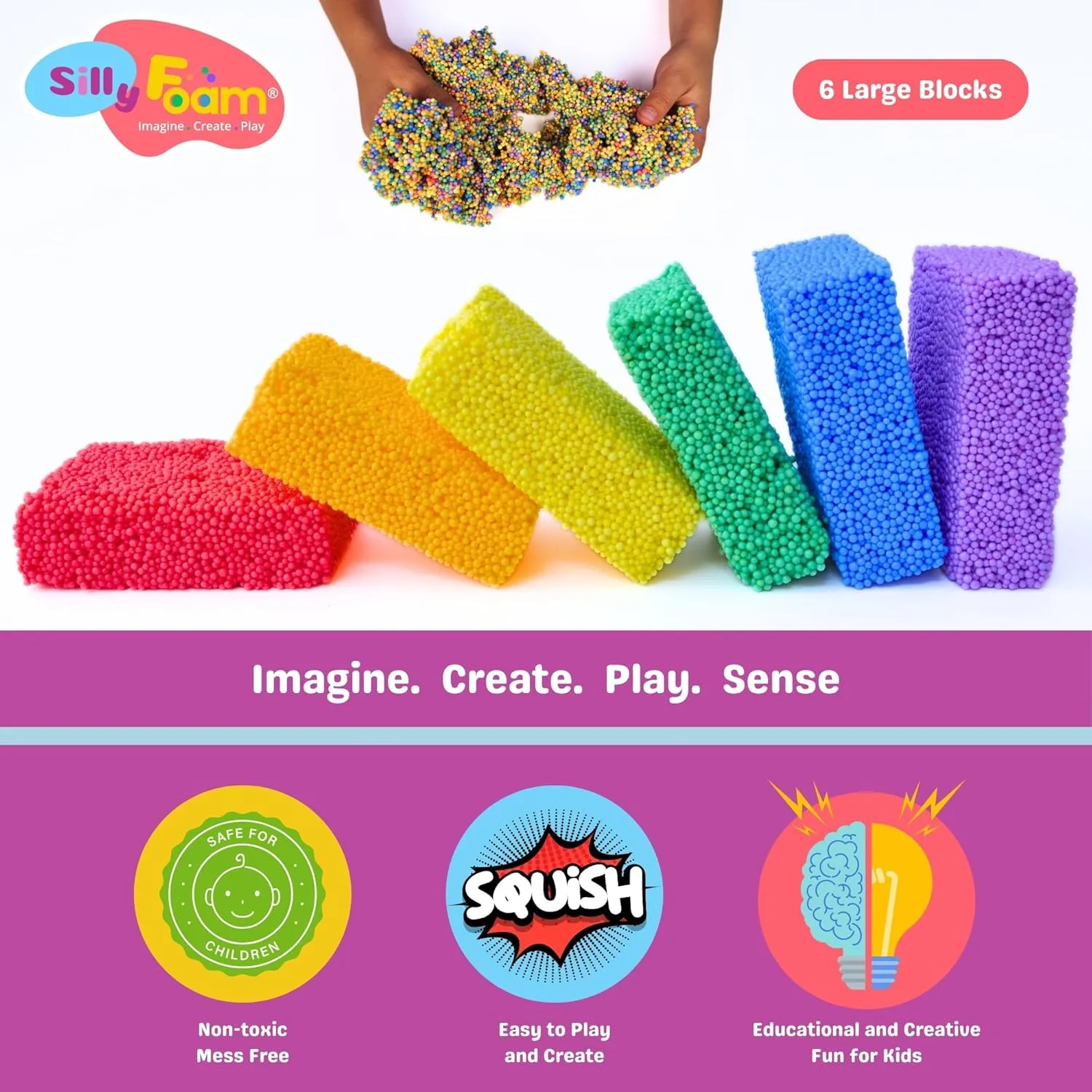 Silly Foam, Creative Modeling Foam Beads, 2-Pack Primary Colors, Perfect for Preschool and Kids, Arts, Crafts, Sensory Play, Non-Toxic (12 Blocks Red, Orange, Yellow, Green, Blue, Purple) (Age 3 )
