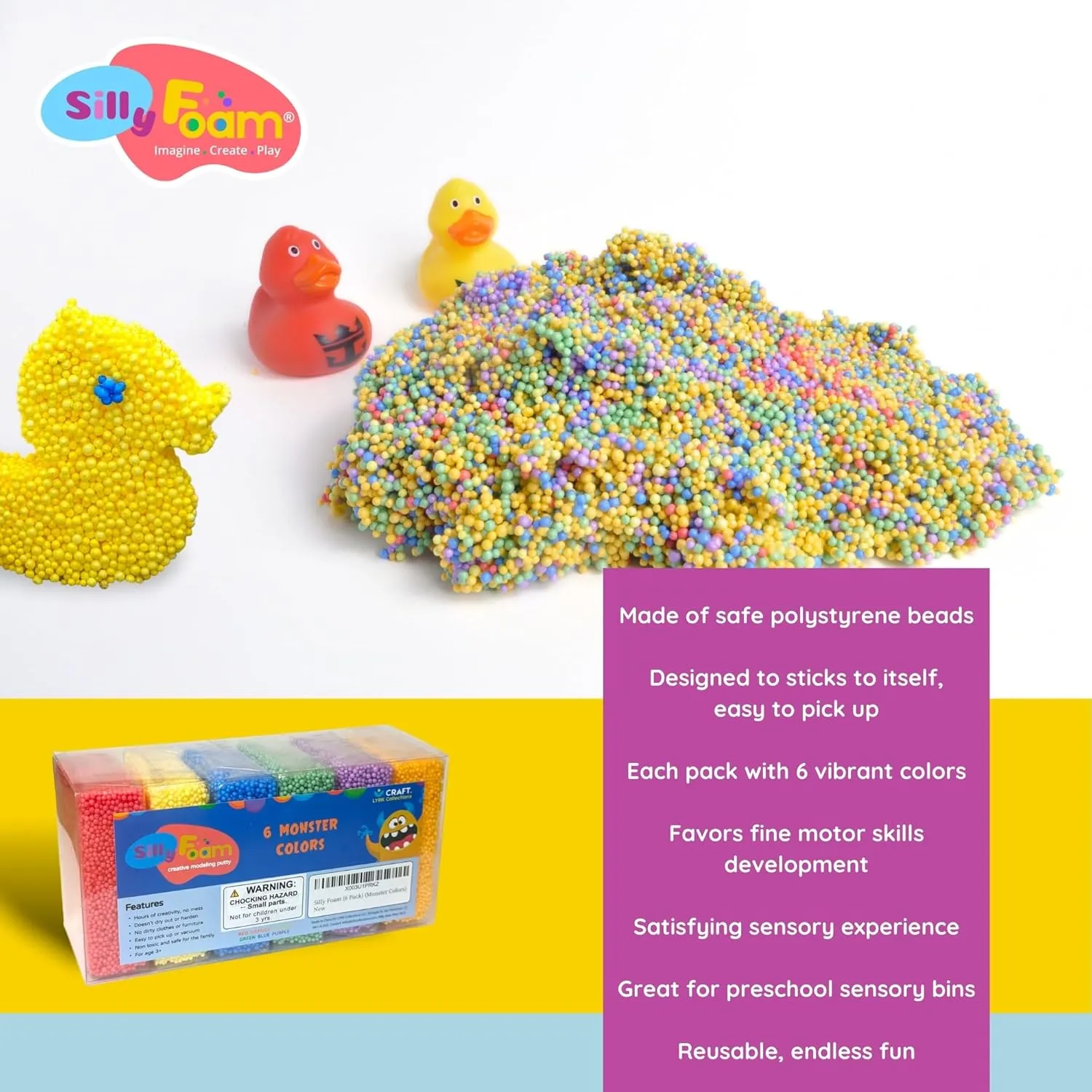Silly Foam, Creative Modeling Foam Beads, 2-Pack Primary Colors, Perfect for Preschool and Kids, Arts, Crafts, Sensory Play, Non-Toxic (12 Blocks Red, Orange, Yellow, Green, Blue, Purple) (Age 3 )