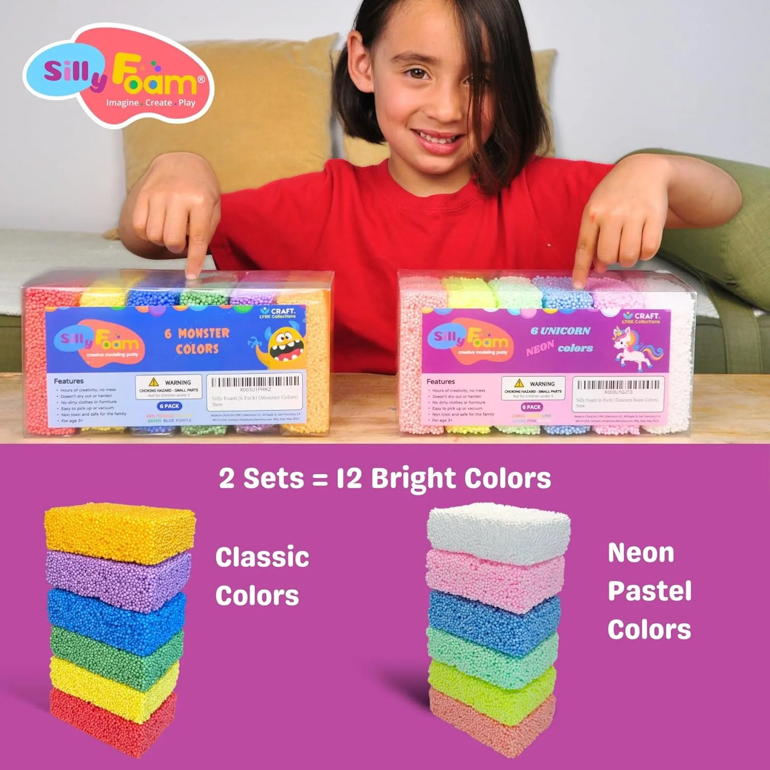 Silly Foam, Creative Modeling Foam Beads, 2-Pack Primary Colors, Perfect for Preschool and Kids, Arts, Crafts, Sensory Play, Non-Toxic (12 Blocks Red, Orange, Yellow, Green, Blue, Purple) (Age 3 )