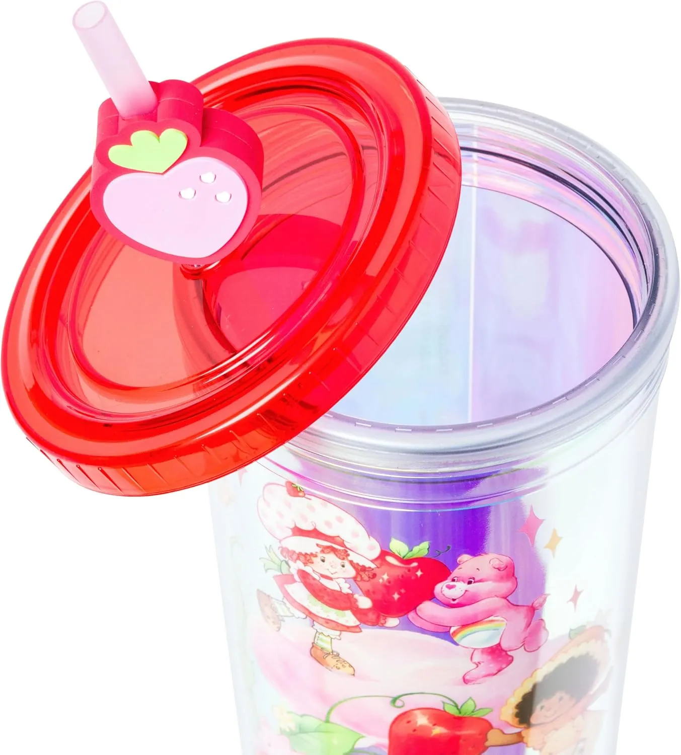 Silver Buffalo Care Bears and Strawberry Shortcake Featuring Cheer Bear, Funshine Bear, Friend Bear, Orange Blossom, and Lemon Meringue Iridescent Plastic Cold Cup with Lid and Topper Straw, 24 Ounces