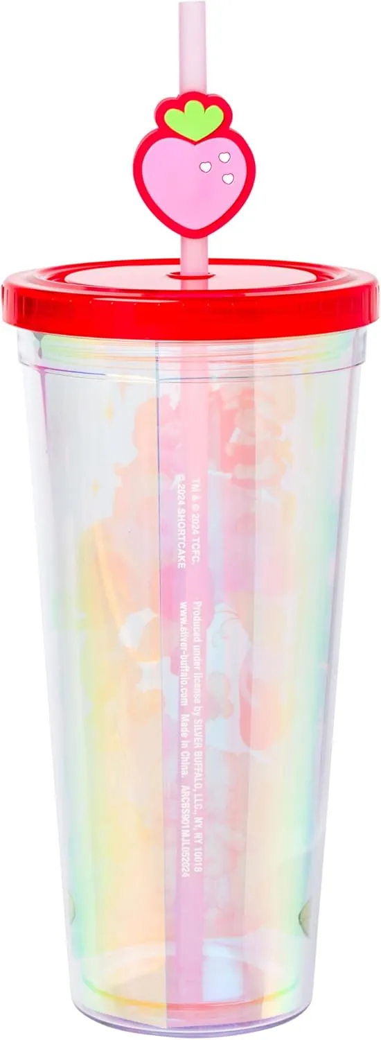 Silver Buffalo Care Bears and Strawberry Shortcake Featuring Cheer Bear, Funshine Bear, Friend Bear, Orange Blossom, and Lemon Meringue Iridescent Plastic Cold Cup with Lid and Topper Straw, 24 Ounces
