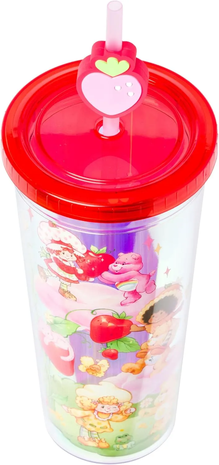 Silver Buffalo Care Bears and Strawberry Shortcake Featuring Cheer Bear, Funshine Bear, Friend Bear, Orange Blossom, and Lemon Meringue Iridescent Plastic Cold Cup with Lid and Topper Straw, 24 Ounces