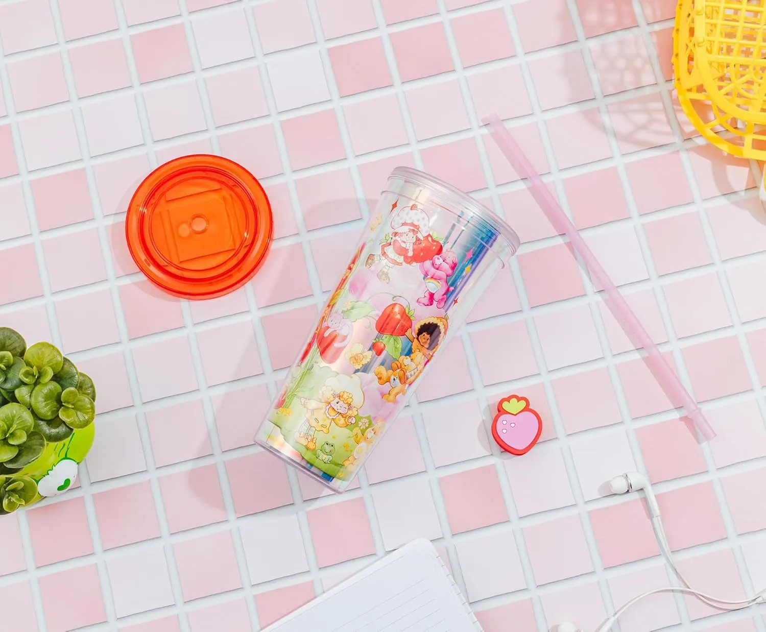 Silver Buffalo Care Bears and Strawberry Shortcake Featuring Cheer Bear, Funshine Bear, Friend Bear, Orange Blossom, and Lemon Meringue Iridescent Plastic Cold Cup with Lid and Topper Straw, 24 Ounces