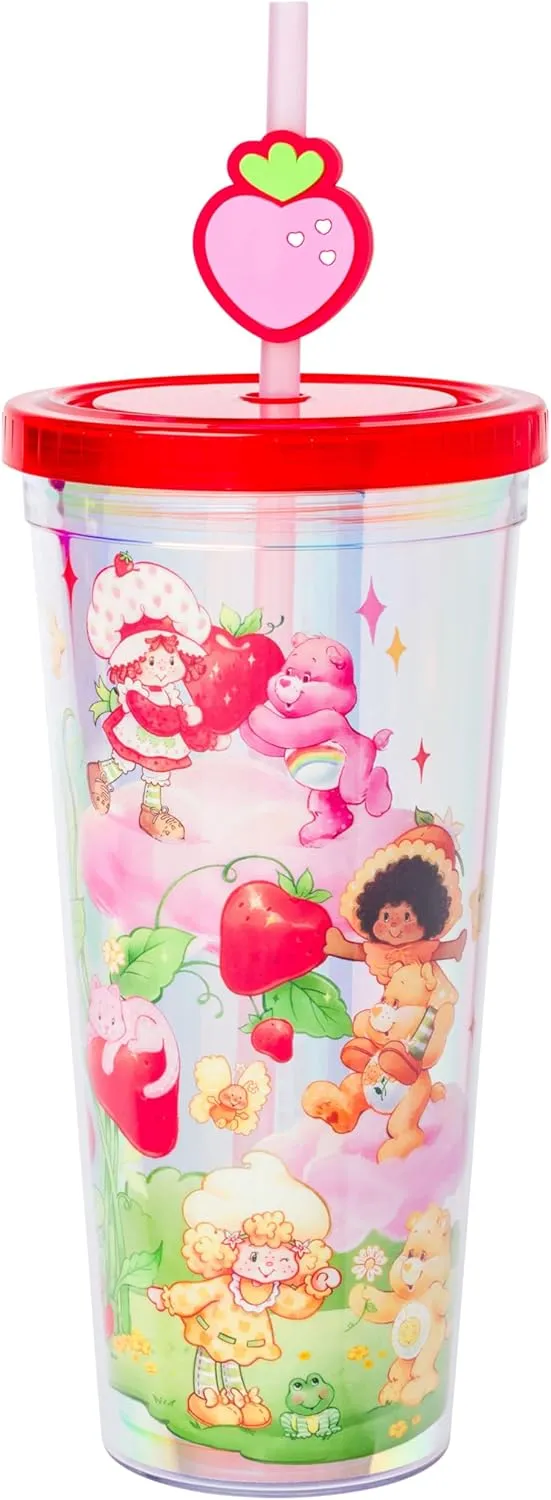 Silver Buffalo Care Bears and Strawberry Shortcake Featuring Cheer Bear, Funshine Bear, Friend Bear, Orange Blossom, and Lemon Meringue Iridescent Plastic Cold Cup with Lid and Topper Straw, 24 Ounces
