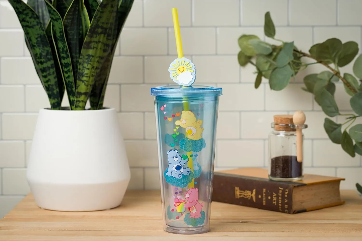 Silver Buffalo Care Bears Featuring Funshine Bear, Grumpy Bear, and Love-a-Lot Bear Glitter Plastic Cold Cup with Lid and Straw Topper, 24 Ounces