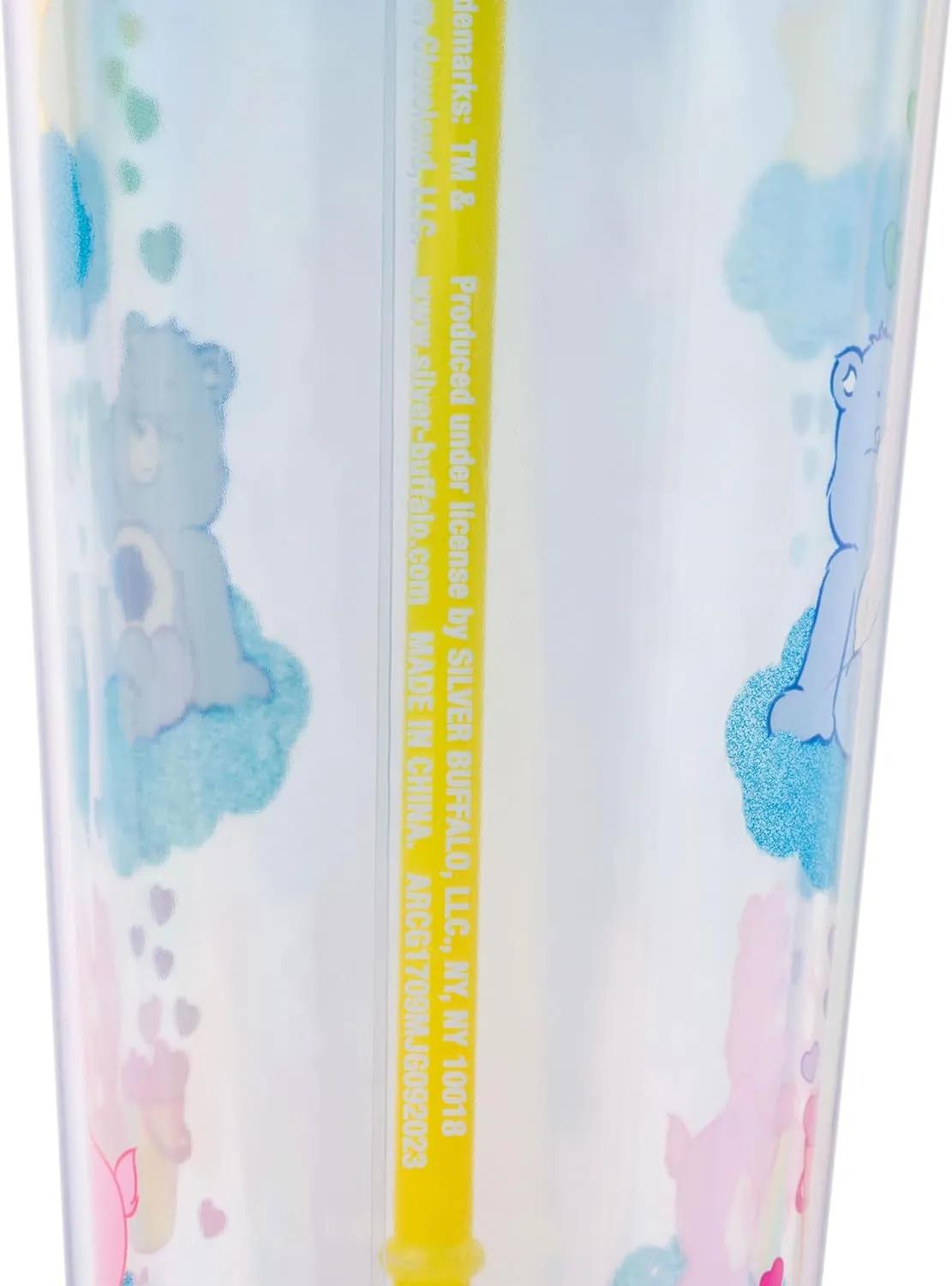 Silver Buffalo Care Bears Featuring Funshine Bear, Grumpy Bear, and Love-a-Lot Bear Glitter Plastic Cold Cup with Lid and Straw Topper, 24 Ounces