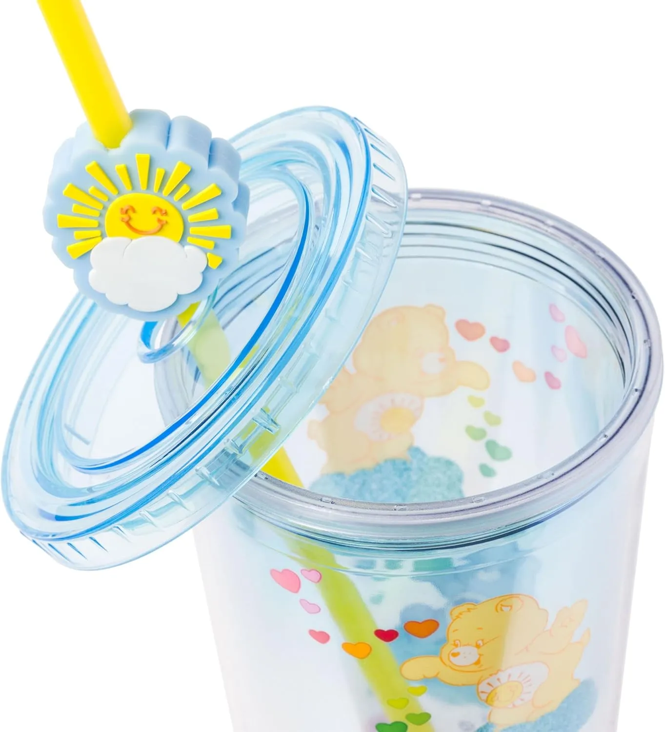 Silver Buffalo Care Bears Featuring Funshine Bear, Grumpy Bear, and Love-a-Lot Bear Glitter Plastic Cold Cup with Lid and Straw Topper, 24 Ounces