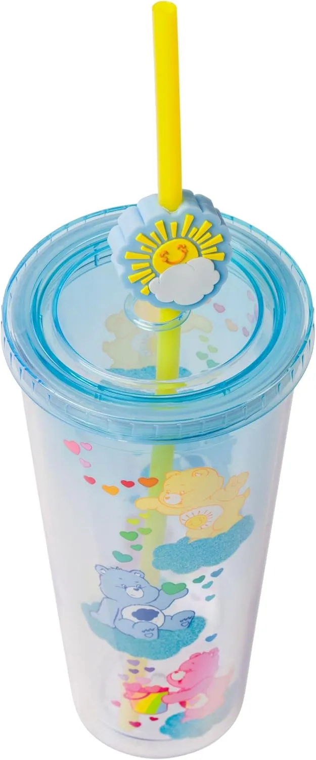 Silver Buffalo Care Bears Featuring Funshine Bear, Grumpy Bear, and Love-a-Lot Bear Glitter Plastic Cold Cup with Lid and Straw Topper, 24 Ounces