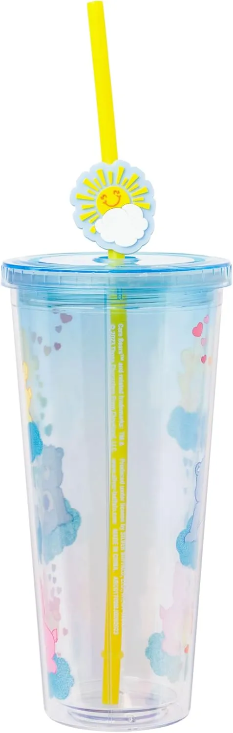 Silver Buffalo Care Bears Featuring Funshine Bear, Grumpy Bear, and Love-a-Lot Bear Glitter Plastic Cold Cup with Lid and Straw Topper, 24 Ounces