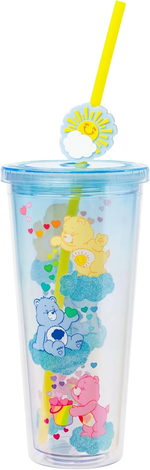 Silver Buffalo Care Bears Featuring Funshine Bear, Grumpy Bear, and Love-a-Lot Bear Glitter Plastic Cold Cup with Lid and Straw Topper, 24 Ounces
