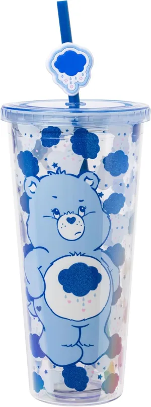 Silver Buffalo Care Bears Grumpy Bear Glitter Plastic Cold Cup with Lid and Straw Topper, 24 Ounces
