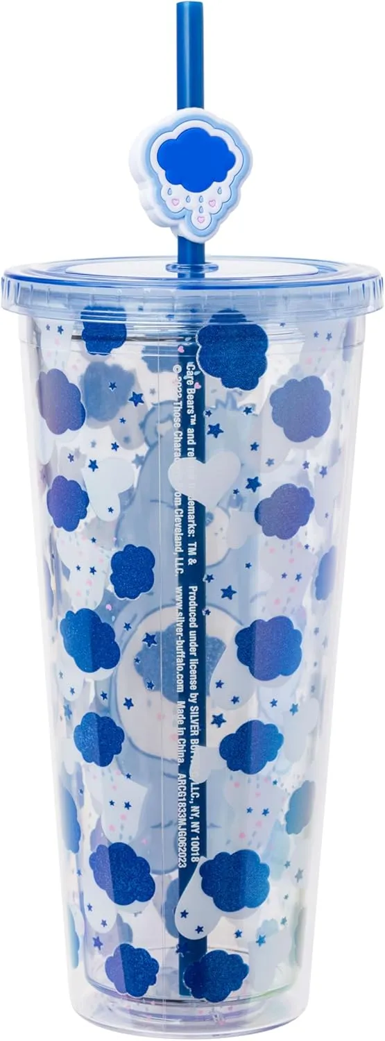 Silver Buffalo Care Bears Grumpy Bear Glitter Plastic Cold Cup with Lid and Straw Topper, 24 Ounces