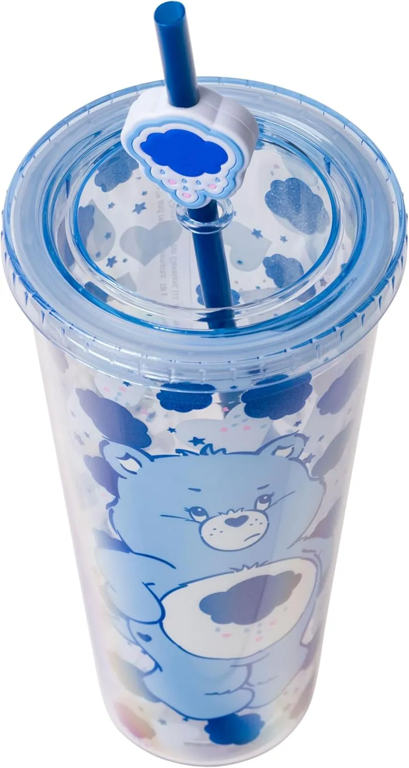 Silver Buffalo Care Bears Grumpy Bear Glitter Plastic Cold Cup with Lid and Straw Topper, 24 Ounces
