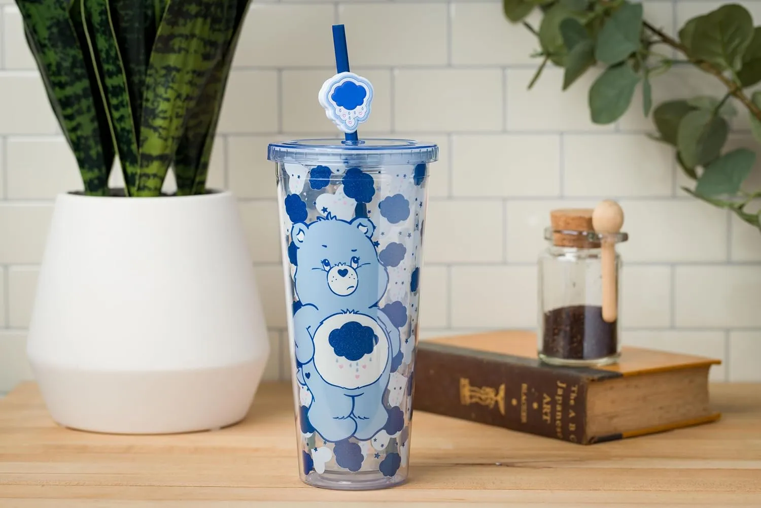 Silver Buffalo Care Bears Grumpy Bear Glitter Plastic Cold Cup with Lid and Straw Topper, 24 Ounces