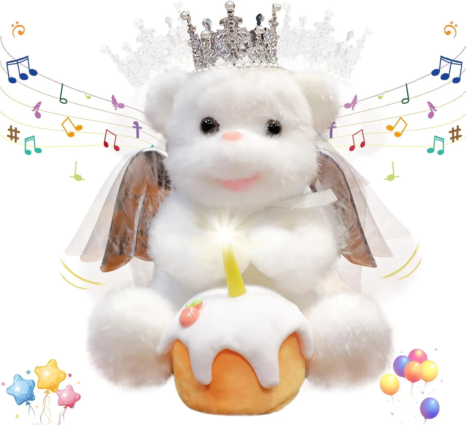 Singing Dancing Angel Teddy Bear with LED Candle Flapping Wings – Records Repeats, Plays Happy Birthday Song, Plush Musical Stuffed Toy Birthday Gift for Kids Adults, 12.5”