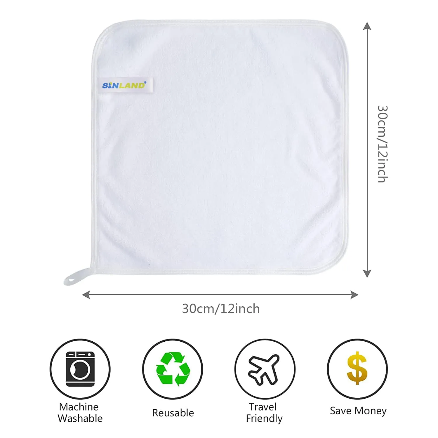 SINLAND Microfiber Face Cloths Reusable Makeup Remover Washcloths Super Soft and Absorbent Fingertip Face Towels for Sensitive Skin Women 12 x 12 Inch 12 Pack White