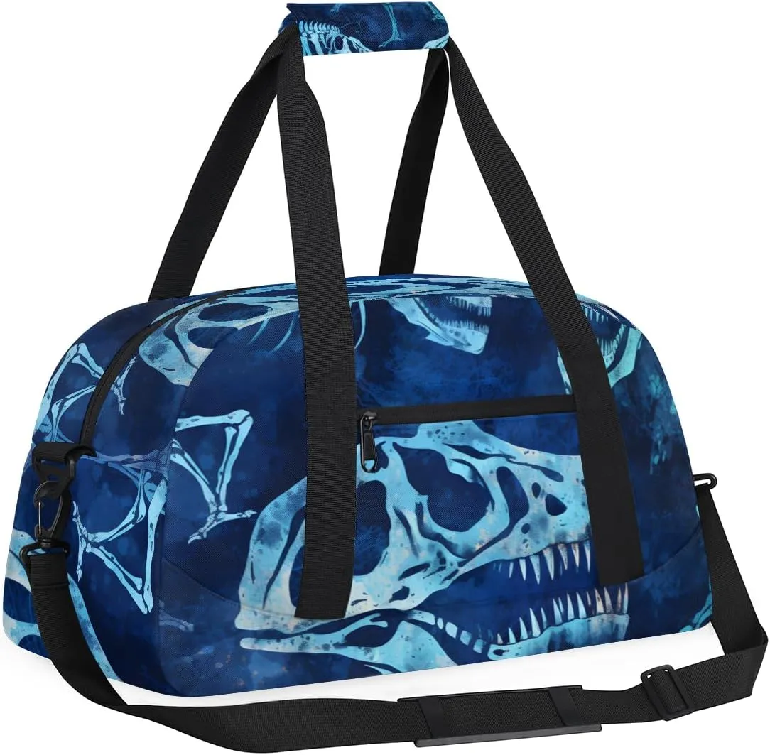 Skeleton Dinosaur Kids Overnighter Duffel Bags for Boys, Carry-On Size Sports Gym Bag with Front Zipper Pocket for School Practice or Overnight Travel Weekender Sleepover Tote Bag