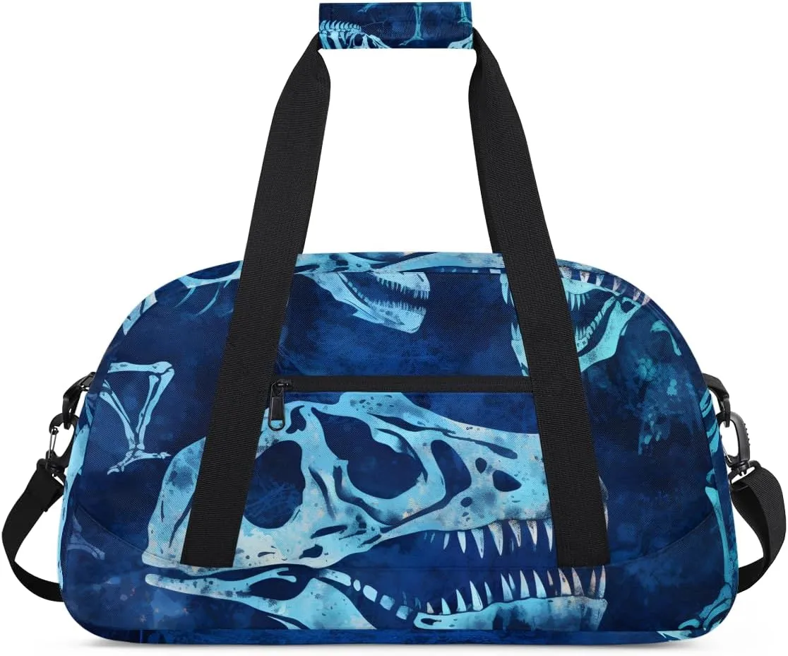 Skeleton Dinosaur Kids Overnighter Duffel Bags for Boys, Carry-On Size Sports Gym Bag with Front Zipper Pocket for School Practice or Overnight Travel Weekender Sleepover Tote Bag