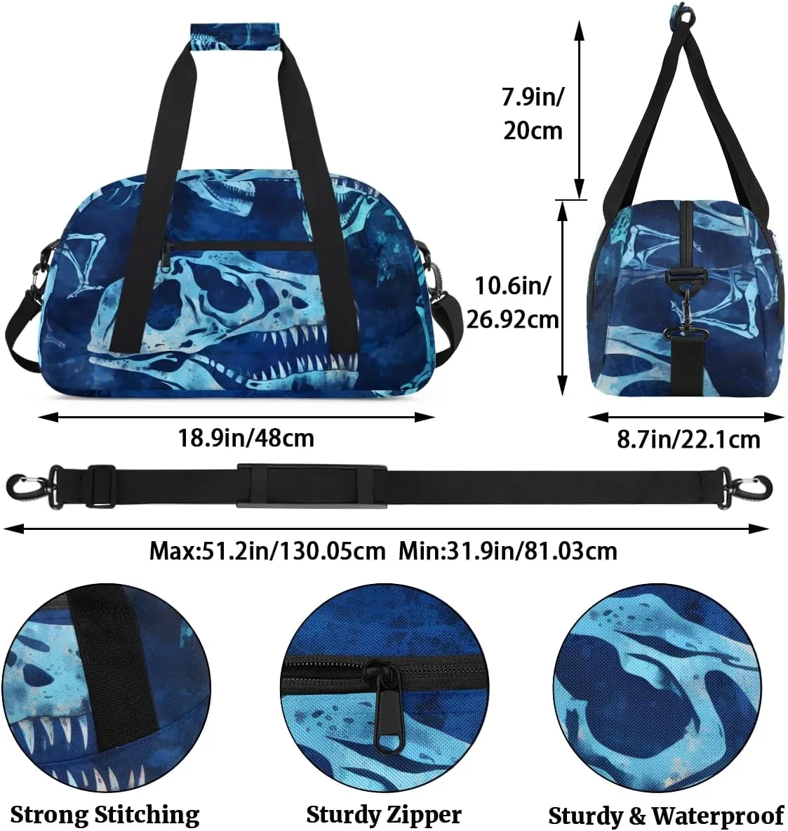 Skeleton Dinosaur Kids Overnighter Duffel Bags for Boys, Carry-On Size Sports Gym Bag with Front Zipper Pocket for School Practice or Overnight Travel Weekender Sleepover Tote Bag