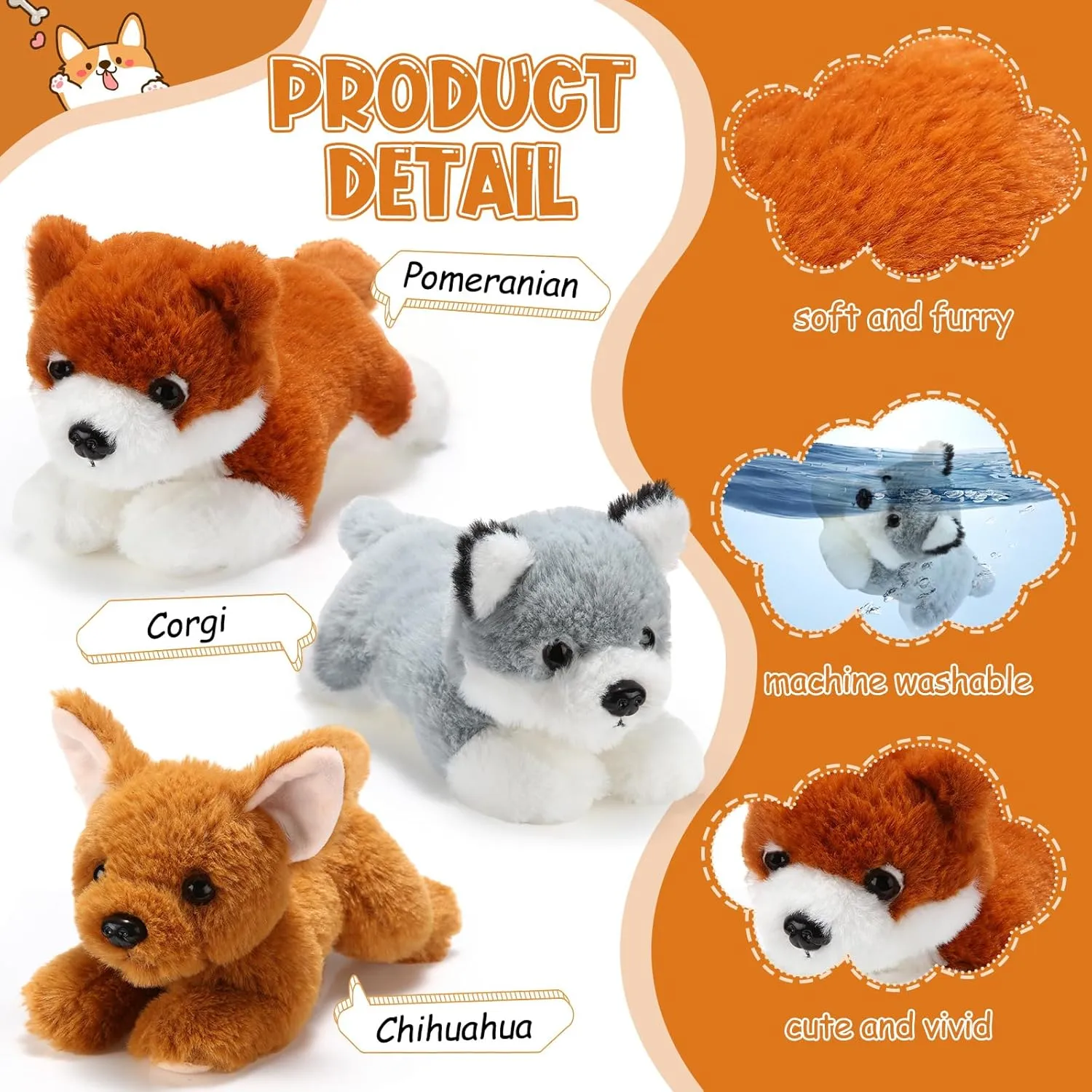 Skylety 3 Pcs 7.87 Inches Dog Stuffed Animal Plush Dog Soft Plush Pet Pillow Toy Fluffy Puppy Set for Puppy Party Favor Birthday Home Decor(Pomeranian, Chihuahua, Corgi)