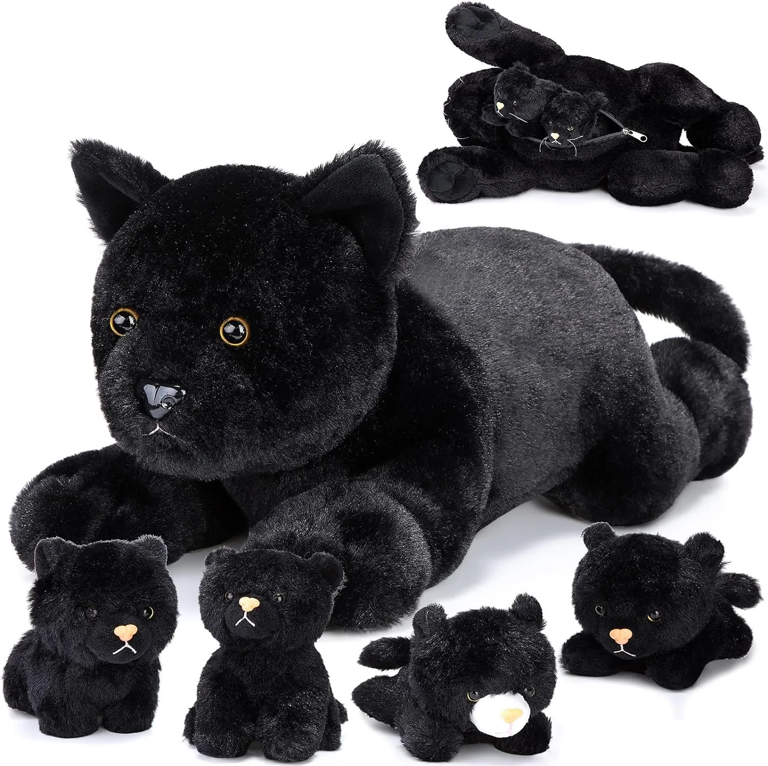 Skylety 5 Pieces Cat Stuffed Animal with Babies Inside Belly Pregnant Cat Plush Mommy Kitty with 4 Cute Fluffy Stuffed Kittens Easter Birthday Surprise Gifts(Black)