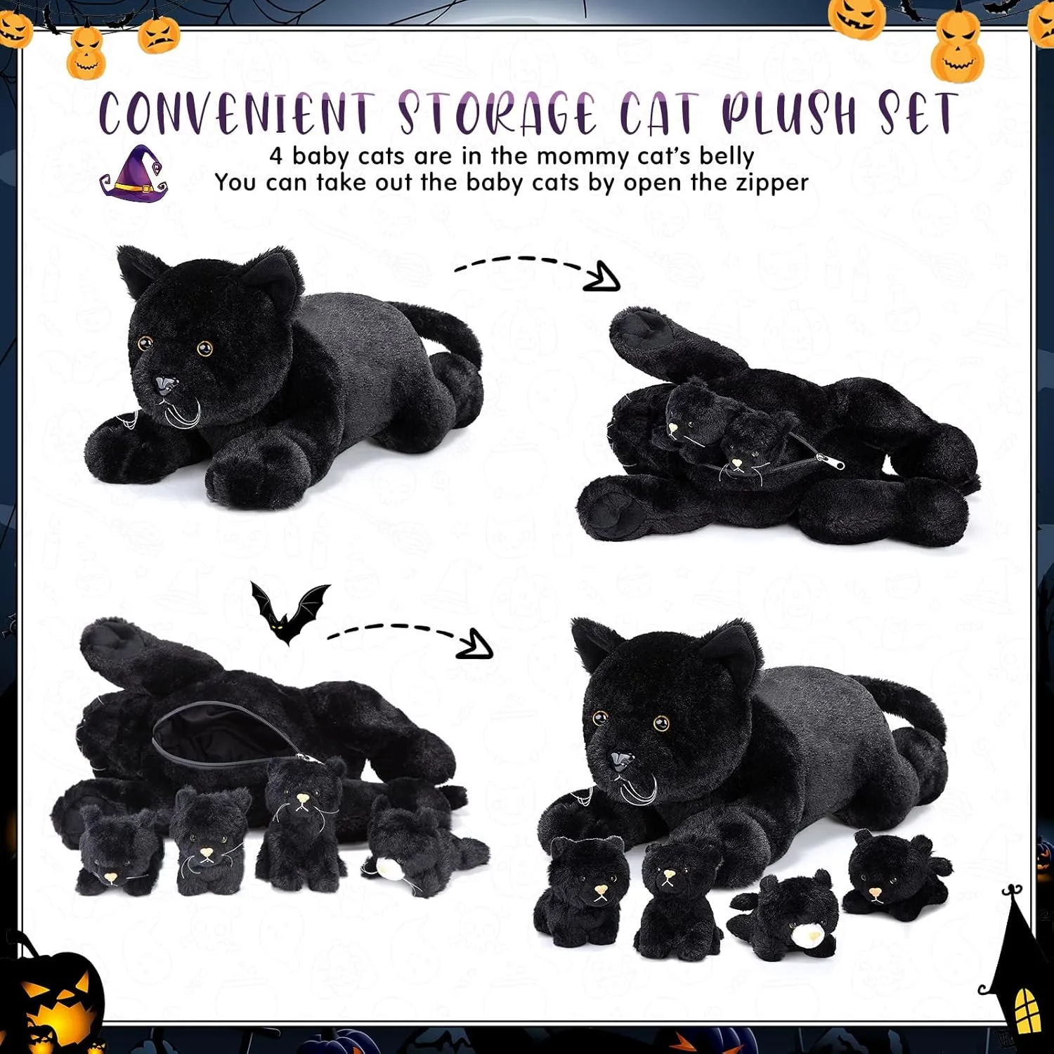 Skylety 5 Pieces Cat Stuffed Animal with Babies Inside Belly Pregnant Cat Plush Mommy Kitty with 4 Cute Fluffy Stuffed Kittens Easter Birthday Surprise Gifts(Black)