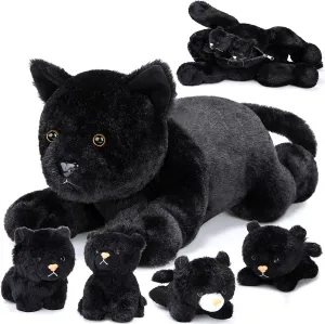 Skylety 5 Pieces Cat Stuffed Animal with Babies Inside Belly Pregnant Cat Plush Mommy Kitty with 4 Cute Fluffy Stuffed Kittens Easter Birthday Surprise Gifts(Black)