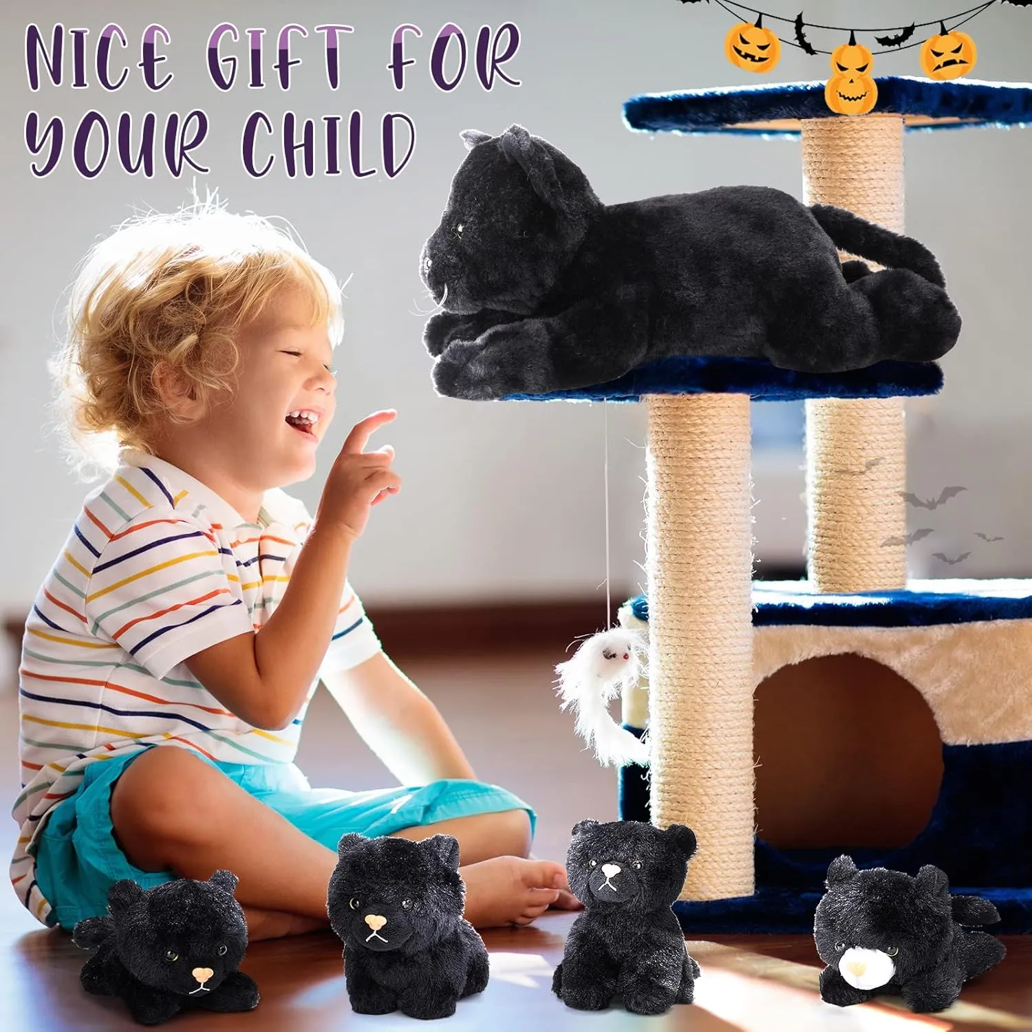 Skylety 5 Pieces Cat Stuffed Animal with Babies Inside Belly Pregnant Cat Plush Mommy Kitty with 4 Cute Fluffy Stuffed Kittens Easter Birthday Surprise Gifts(Black)