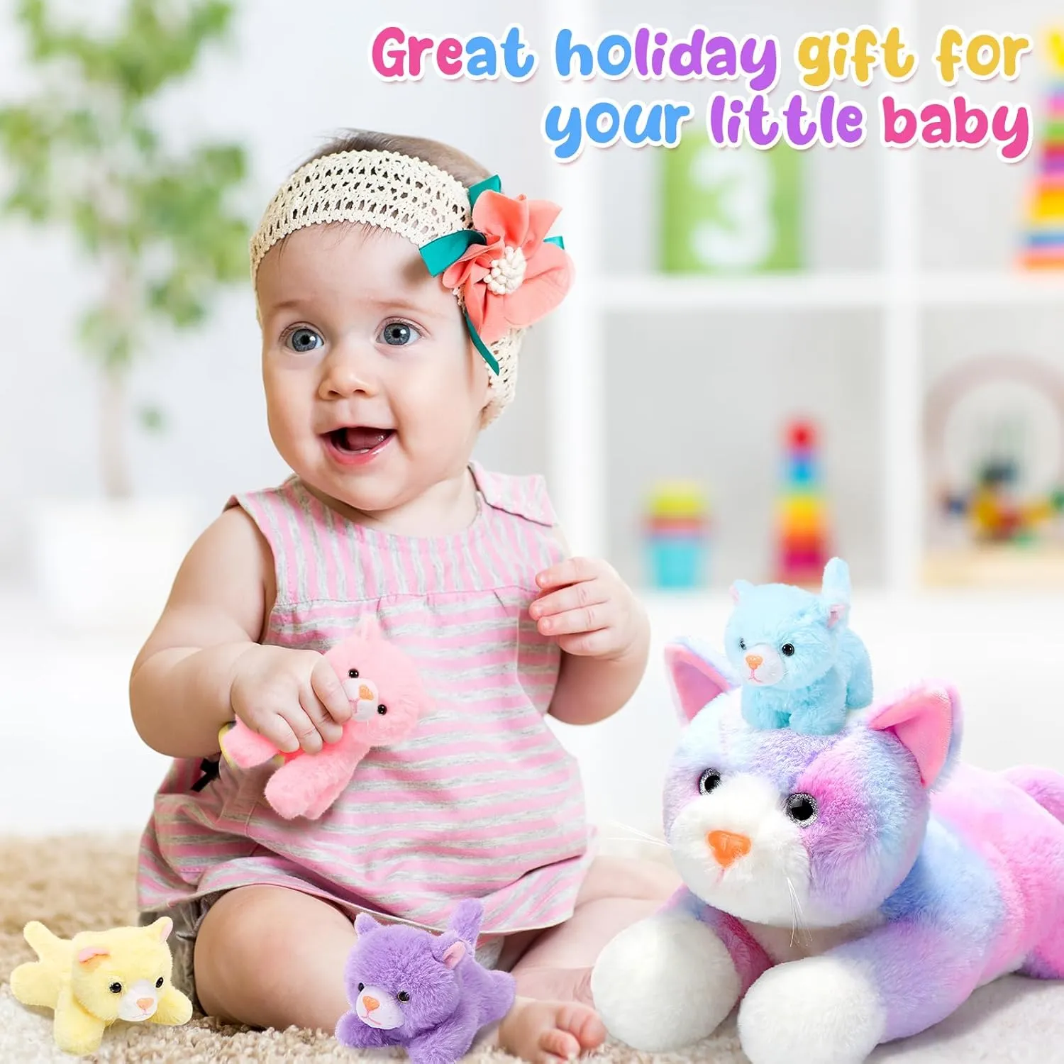 Skylety 5 Pieces Cat Stuffed Animal with Babies Inside Belly Pregnant Cat Plush Mommy Kitty with 4 Cute Fluffy Stuffed Kittens Easter Birthday Surprise Gifts(Colorful)