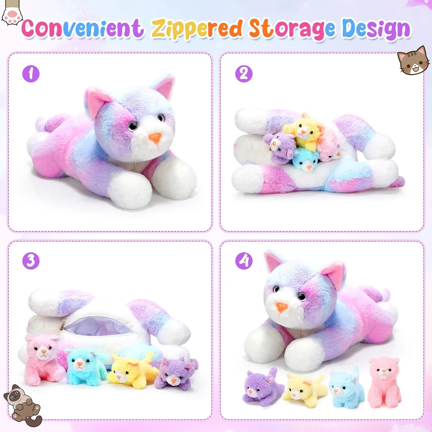 Skylety 5 Pieces Cat Stuffed Animal with Babies Inside Belly Pregnant Cat Plush Mommy Kitty with 4 Cute Fluffy Stuffed Kittens Easter Birthday Surprise Gifts(Colorful)