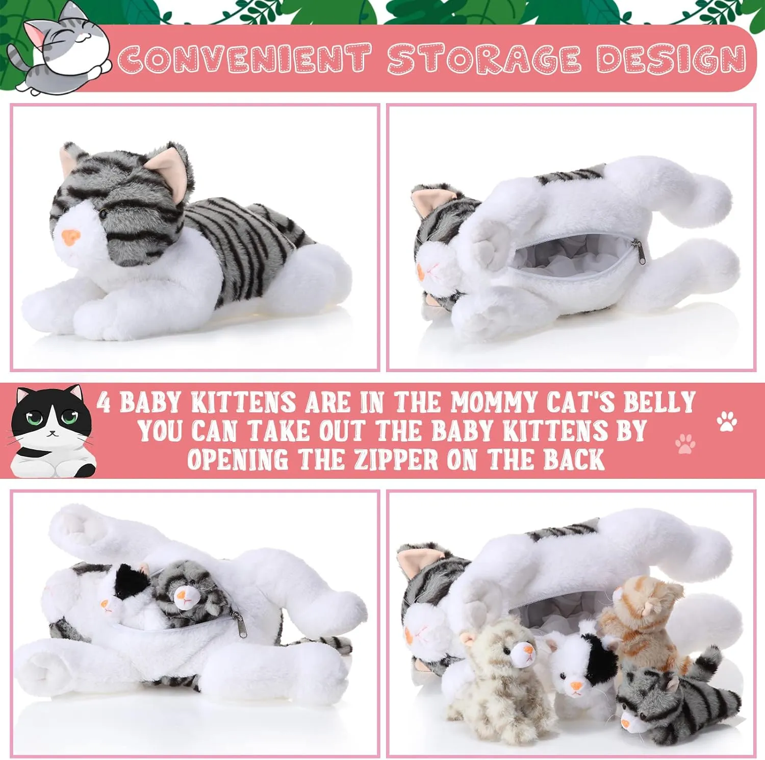 Skylety 5 Pieces Cat Stuffed Animal with Babies Inside Belly Pregnant Cat Plush Mommy Kitty with 4 Cute Fluffy Stuffed Kittens Easter Birthday Surprise Gifts(Gray)