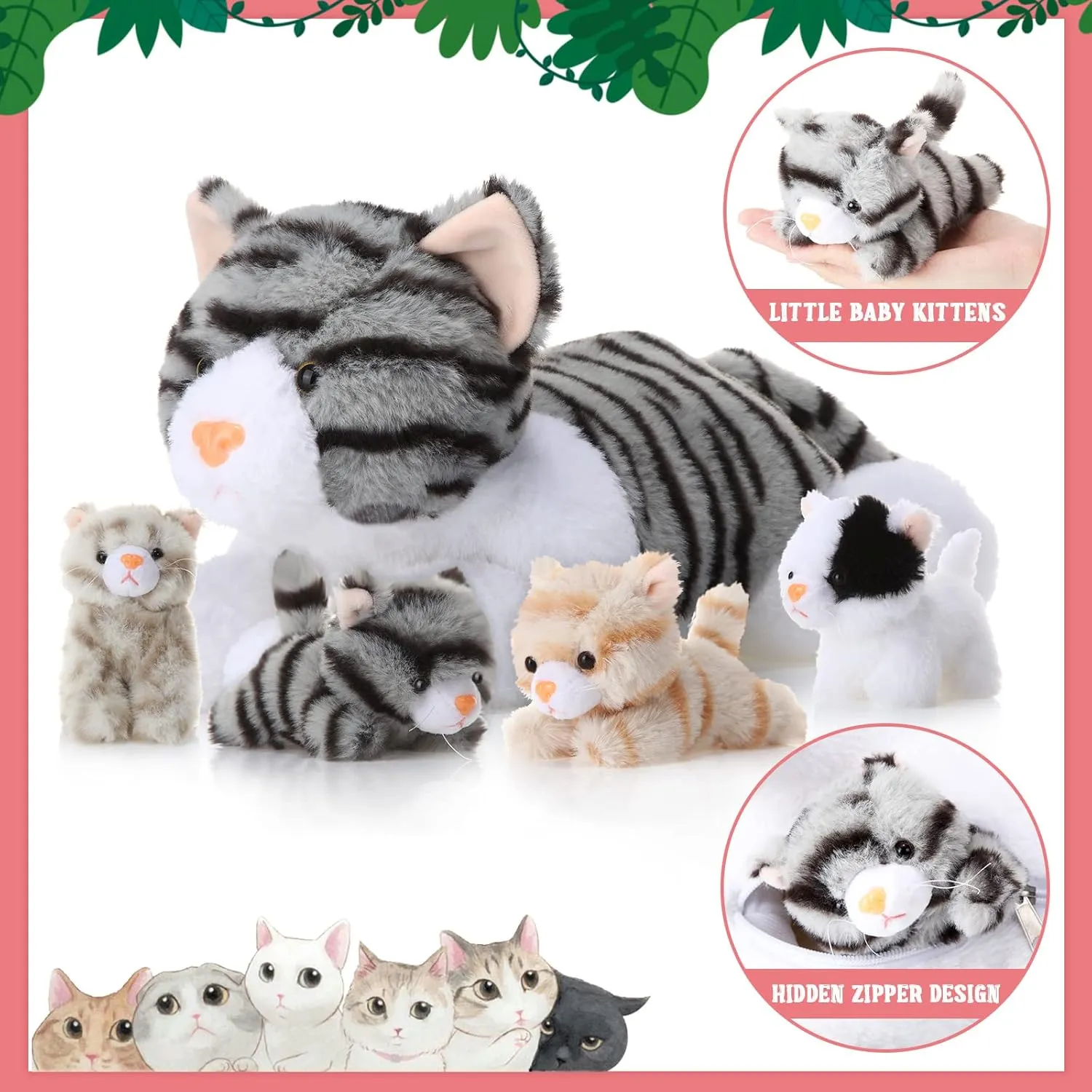 Skylety 5 Pieces Cat Stuffed Animal with Babies Inside Belly Pregnant Cat Plush Mommy Kitty with 4 Cute Fluffy Stuffed Kittens Easter Birthday Surprise Gifts(Gray)