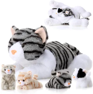 Skylety 5 Pieces Cat Stuffed Animal with Babies Inside Belly Pregnant Cat Plush Mommy Kitty with 4 Cute Fluffy Stuffed Kittens Easter Birthday Surprise Gifts(Gray)