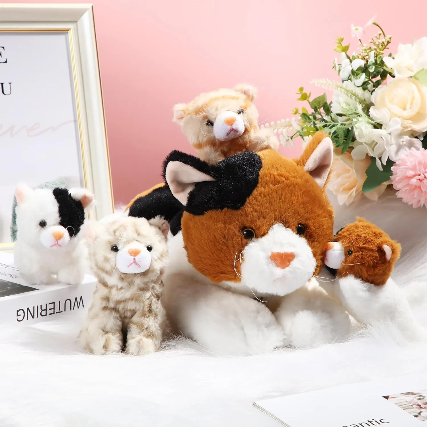 Skylety 5 Pieces Cat Stuffed Animal with Babies Inside Belly Pregnant Cat Plush Mommy Kitty with 4 Cute Fluffy Stuffed Kittens Easter Birthday Surprise Gifts(Orange, Black, White)