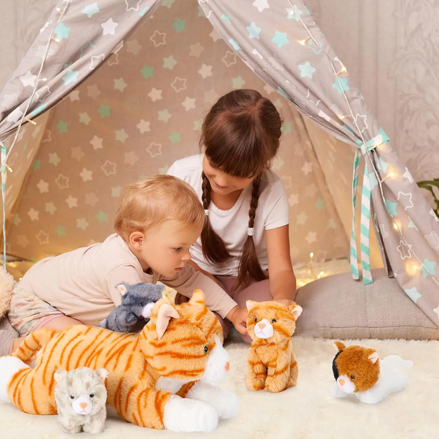 Skylety 5 Pieces Cat Stuffed Animal with Babies Inside Belly Pregnant Cat Plush Mommy Kitty with 4 Cute Fluffy Stuffed Kittens Easter Birthday Surprise Gifts(Orange)