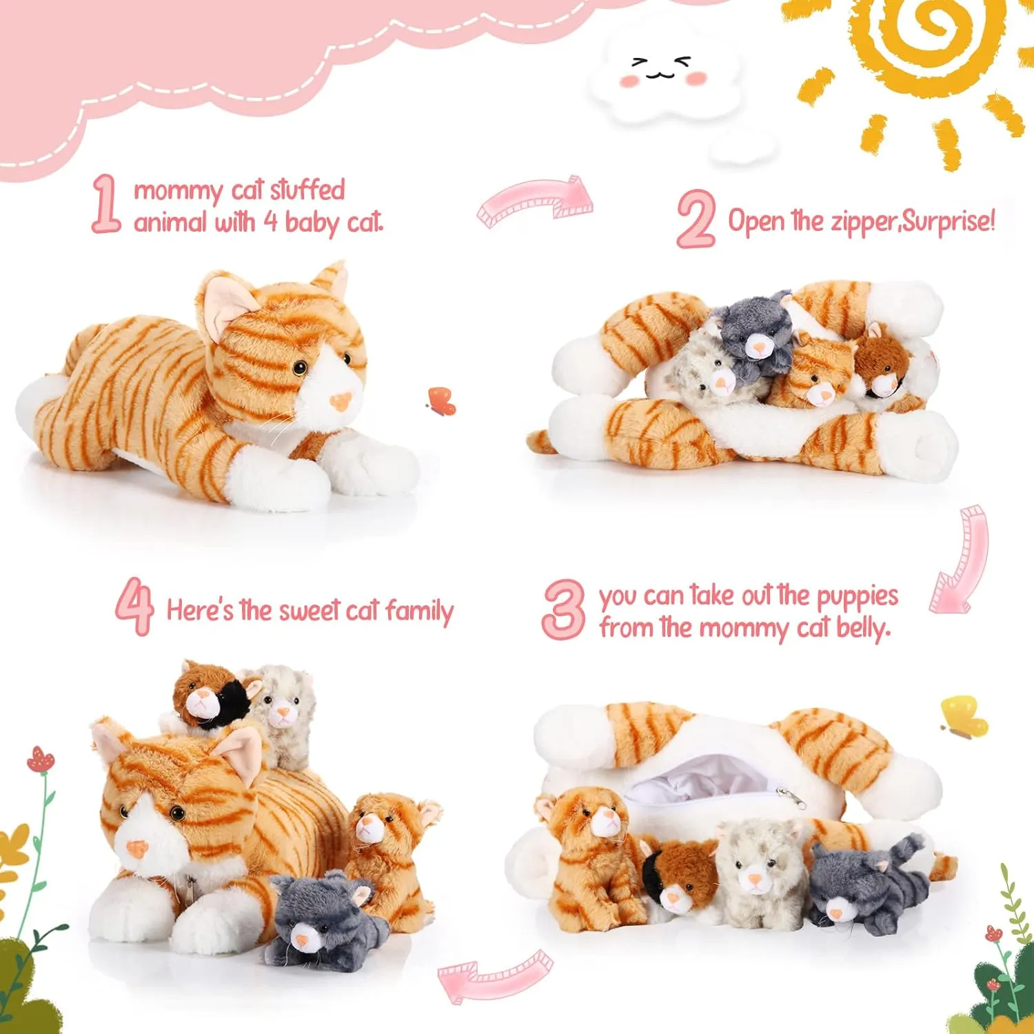 Skylety 5 Pieces Cat Stuffed Animal with Babies Inside Belly Pregnant Cat Plush Mommy Kitty with 4 Cute Fluffy Stuffed Kittens Easter Birthday Surprise Gifts(Orange)