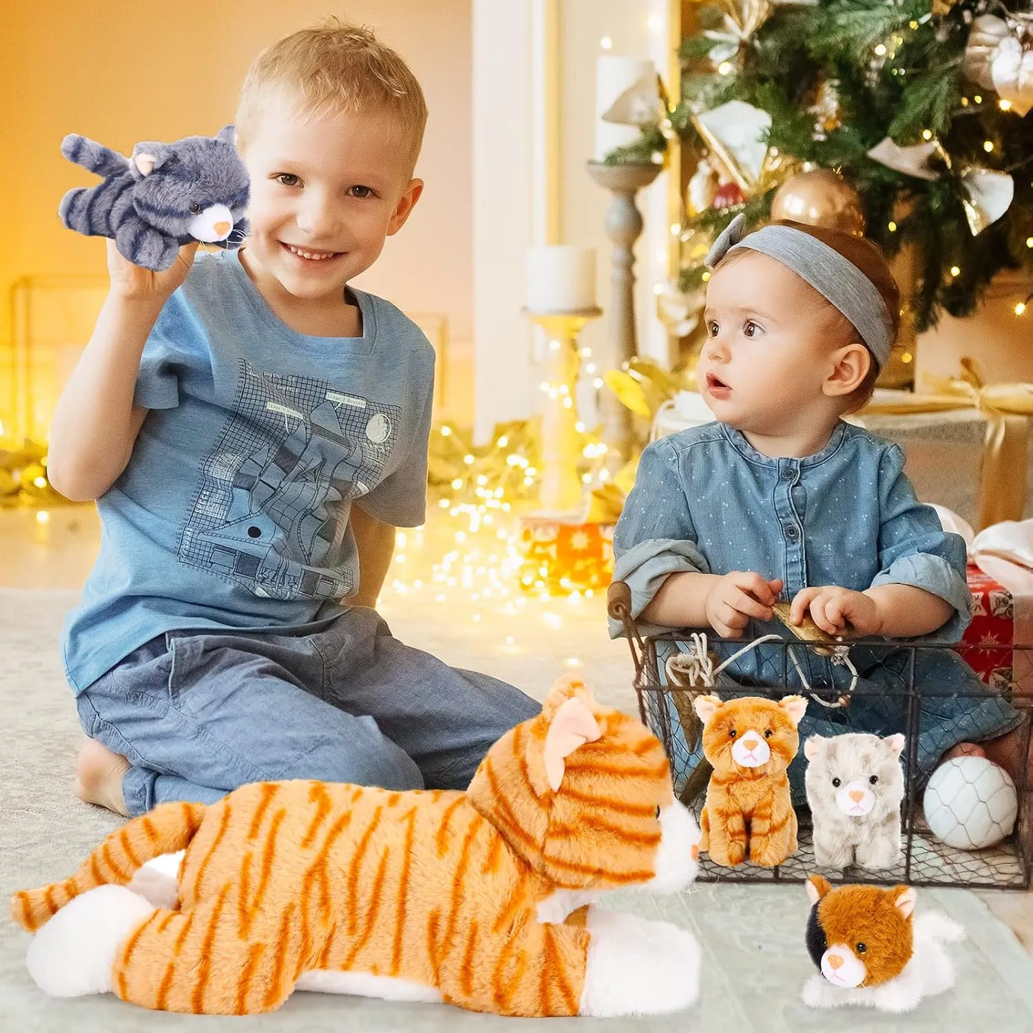 Skylety 5 Pieces Cat Stuffed Animal with Babies Inside Belly Pregnant Cat Plush Mommy Kitty with 4 Cute Fluffy Stuffed Kittens Easter Birthday Surprise Gifts(Orange)