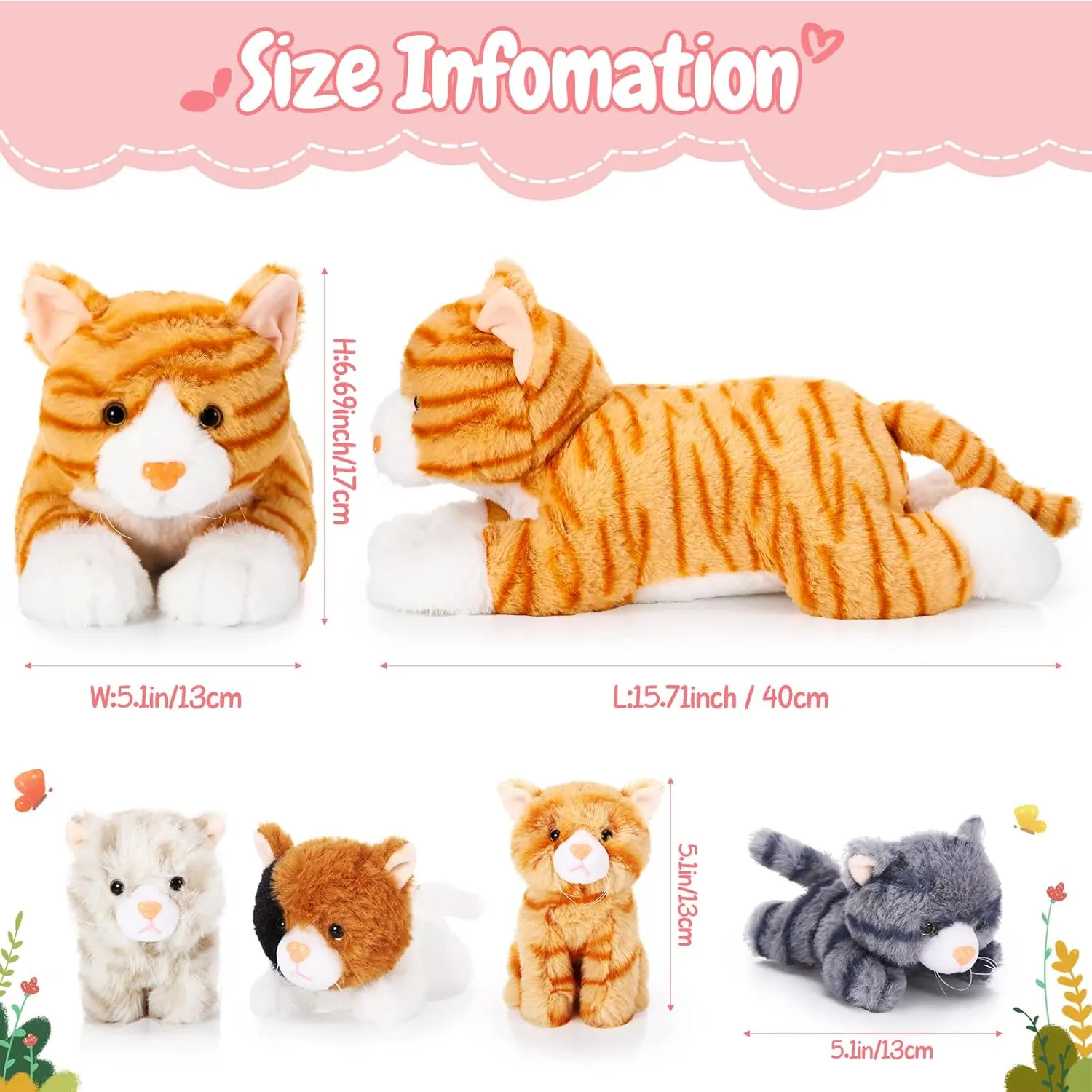 Skylety 5 Pieces Cat Stuffed Animal with Babies Inside Belly Pregnant Cat Plush Mommy Kitty with 4 Cute Fluffy Stuffed Kittens Easter Birthday Surprise Gifts(Orange)