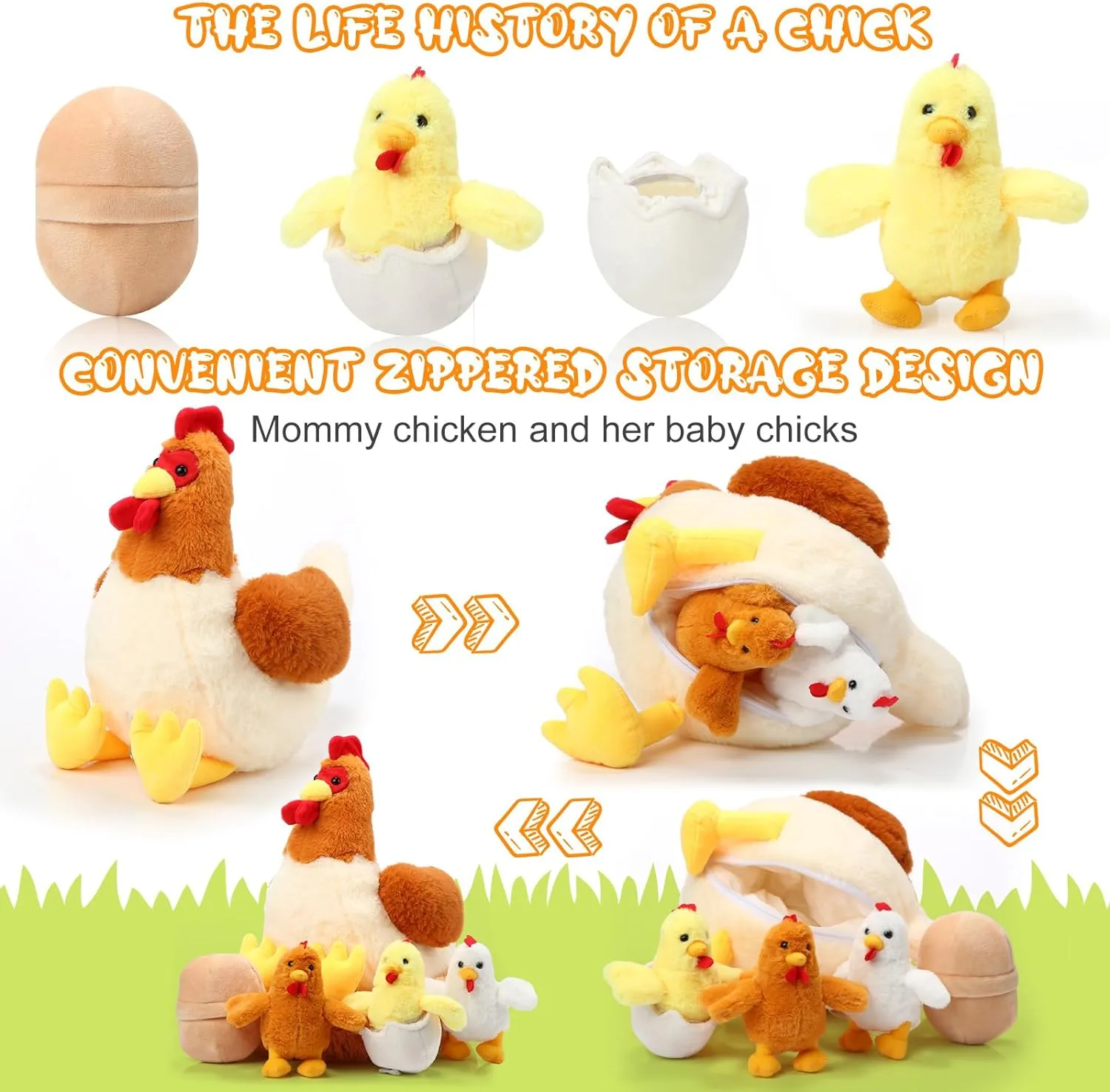 Skylety Chicken Stuffed Animal Plush Toy Egg Laying Hen with Zippered Belly, Hen House and Little Baby Chicks for Easter Stuffers Party Supplies(Cute Style)