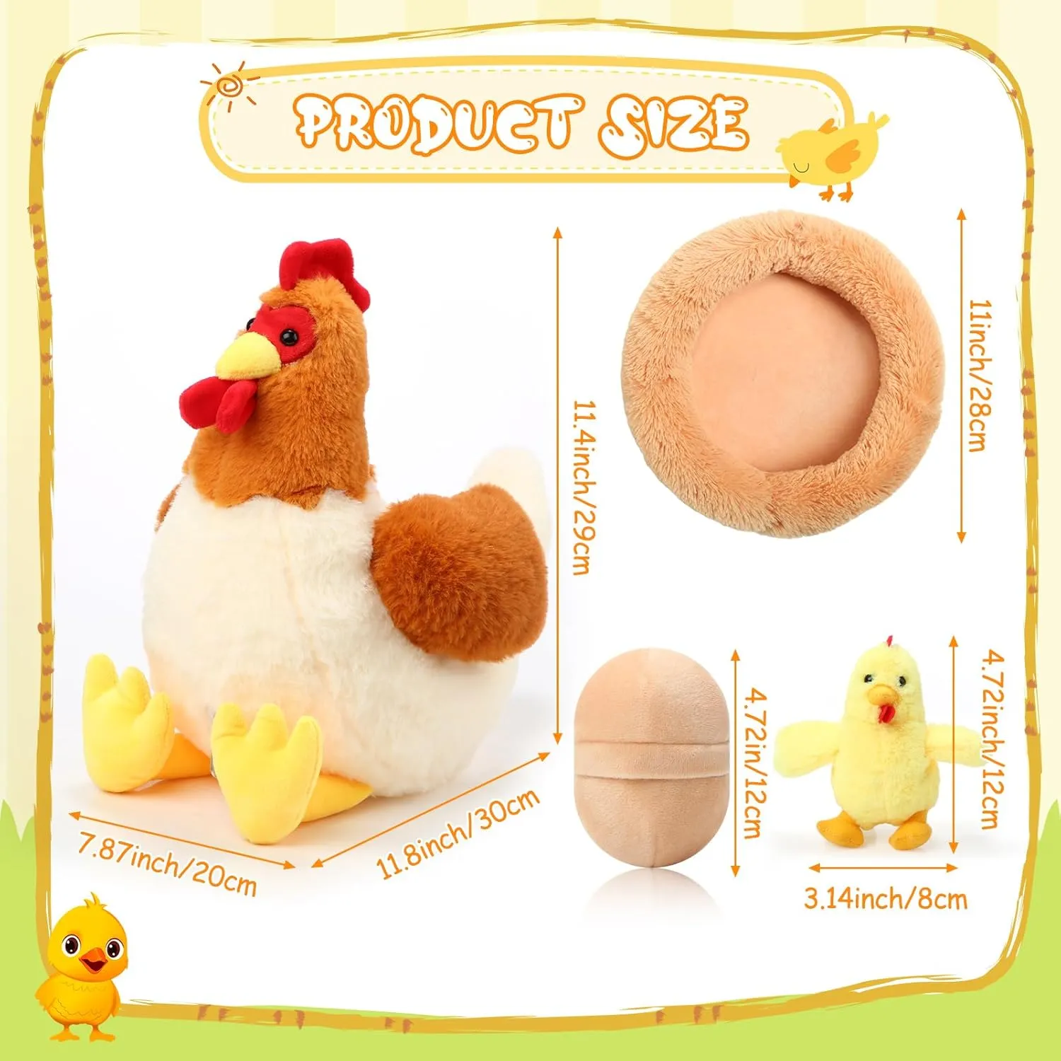 Skylety Chicken Stuffed Animal Plush Toy Egg Laying Hen with Zippered Belly, Hen House and Little Baby Chicks for Easter Stuffers Party Supplies(Cute Style)