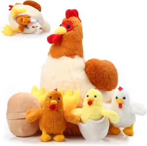 Skylety Chicken Stuffed Animal Plush Toy Egg Laying Hen with Zippered Belly, Hen House and Little Baby Chicks for Easter Stuffers Party Supplies(Cute Style)