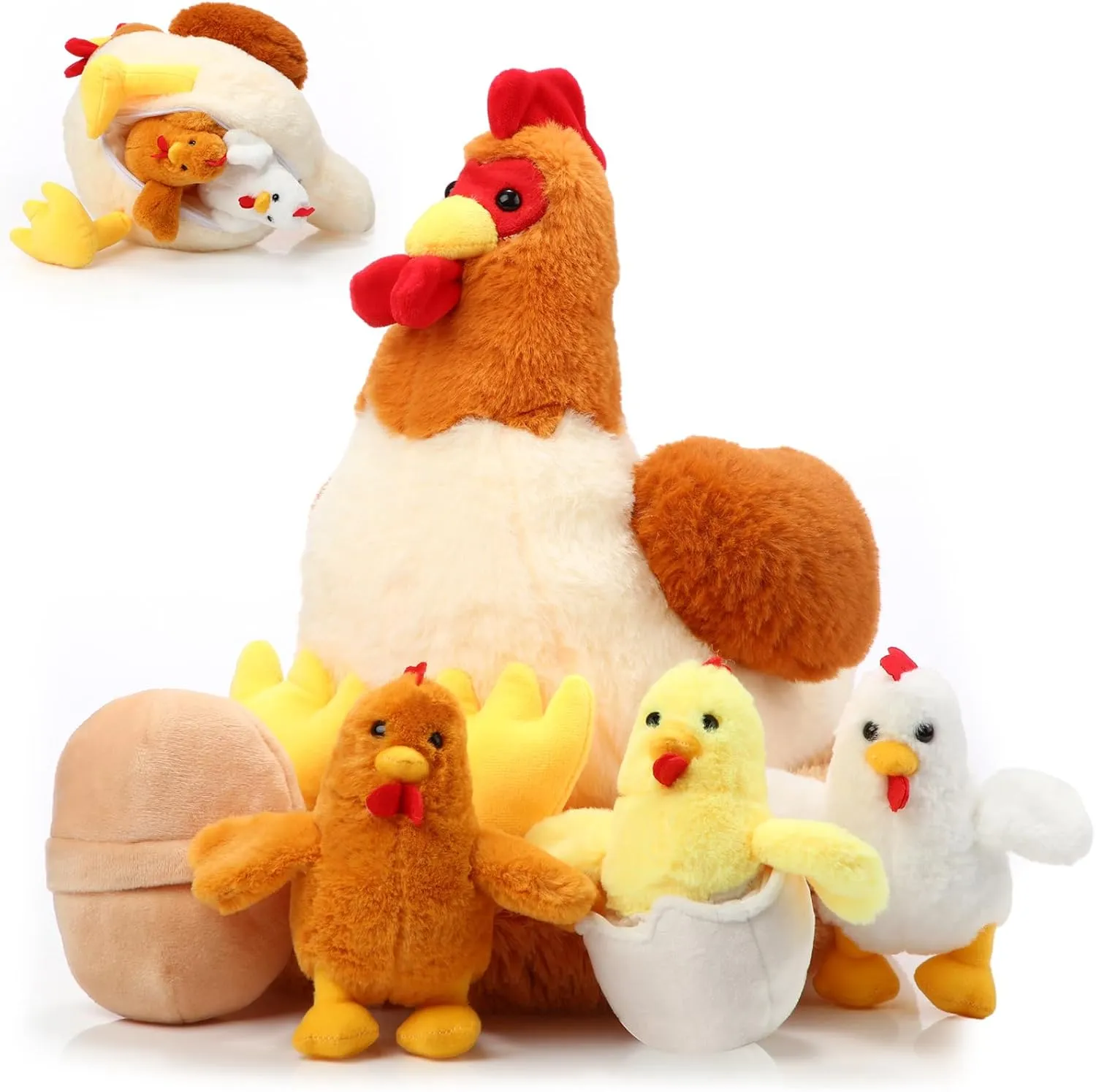 Skylety Chicken Stuffed Animal Plush Toy Egg Laying Hen with Zippered Belly, Hen House and Little Baby Chicks for Easter Stuffers Party Supplies(Cute Style)