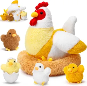 Skylety Chicken Stuffed Animal Plush Toy Egg Laying Hen with Zippered Belly, Hen House and Little Baby Chicks for Easter Stuffers Party Supplies(Funny Style)
