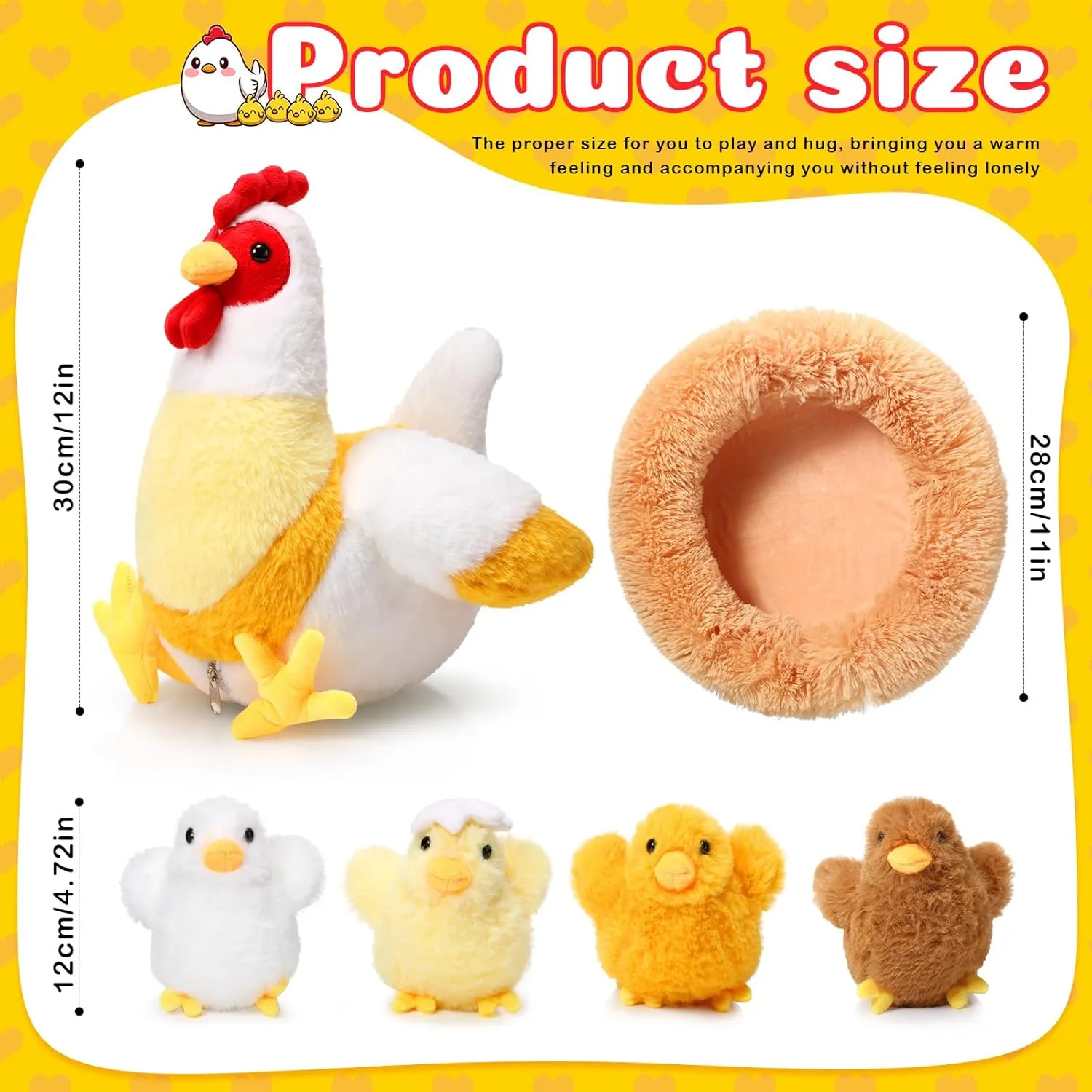 Skylety Chicken Stuffed Animal Plush Toy Egg Laying Hen with Zippered Belly, Hen House and Little Baby Chicks for Easter Stuffers Party Supplies(Funny Style)