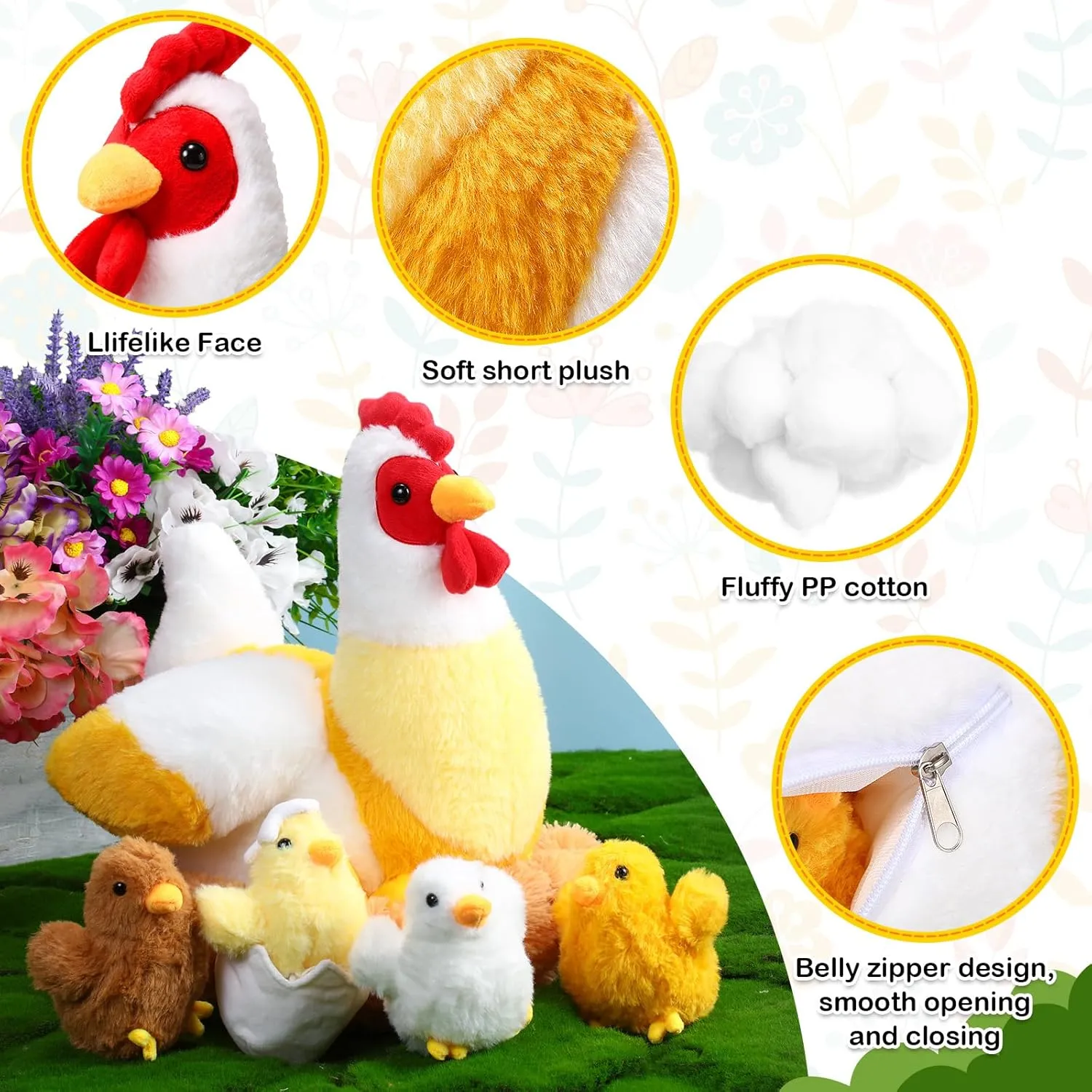 Skylety Chicken Stuffed Animal Plush Toy Egg Laying Hen with Zippered Belly, Hen House and Little Baby Chicks for Easter Stuffers Party Supplies(Funny Style)