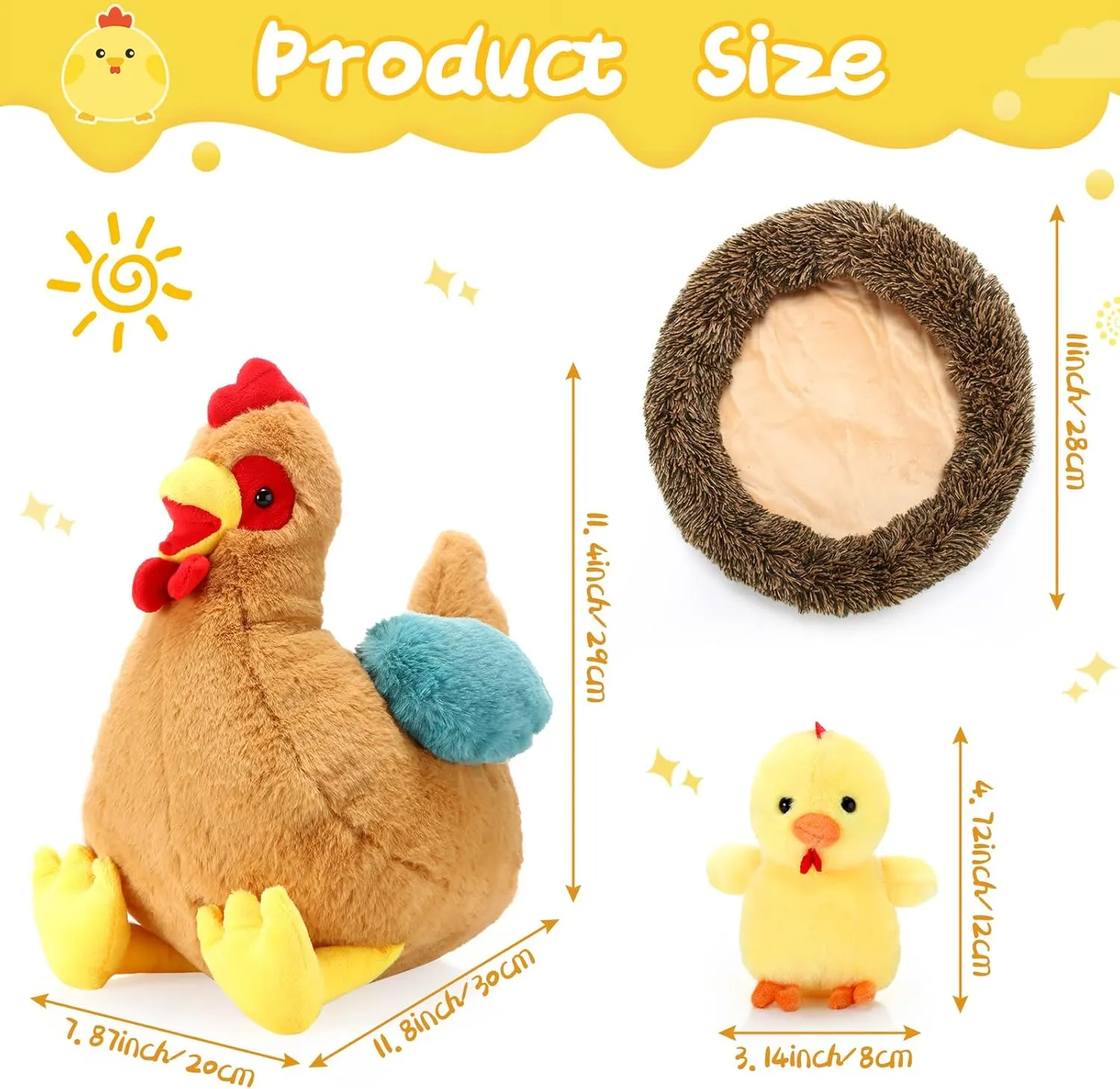 Skylety Chicken Stuffed Animal Plush Toy Egg Laying Hen with Zippered Belly, Hen House and Little Baby Chicks for Easter Stuffers Party Supplies(Vivid Style)