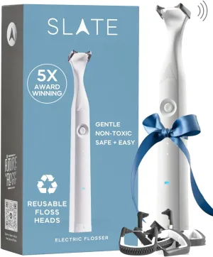 SLATE Electric Flosser | 3-in-1 Electric Flosser for Teeth w/ 3 Speeds - Dentist Invented | Eco Reusable Non-Toxic Floss, Tongue Scraper & Gum Stimulator | Ultrasonic Power Flossing for Adults & Kids