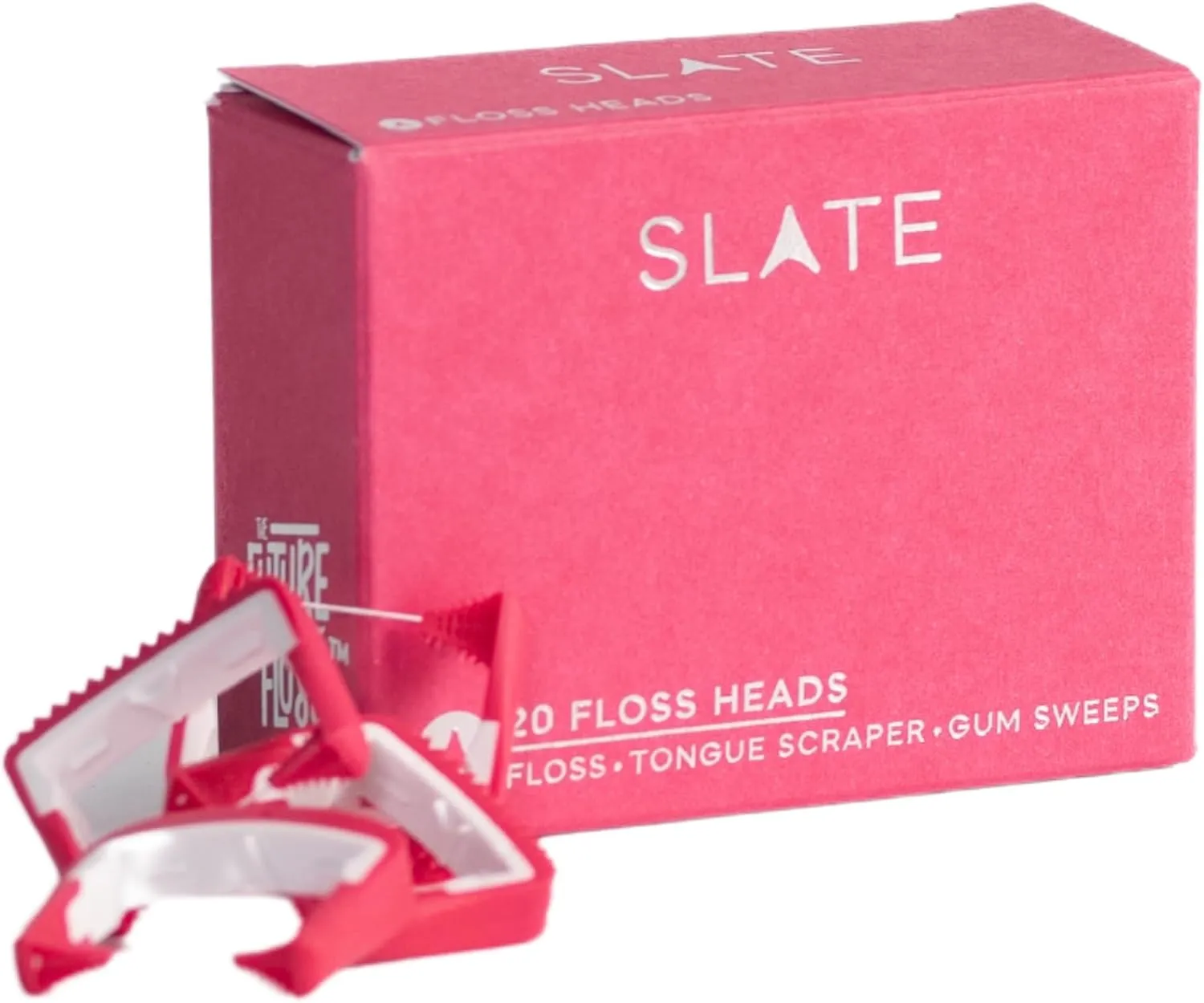 Slate Flosser Refills - 20 Pink Floss Heads | Reusable Woven Floss, Floss Without PFAS & Unwaxed Dental Floss | Slate Flosser Floss Refill | Includes Tongue Scraper & Gum Scraper